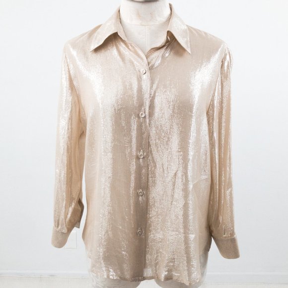 Vintage Tops - Vintage Sparkly Silk Champagne Long Sleeved Blouse